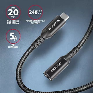 AXAGON BUCM32-CF10AB Kabel przedłużacz Gen2 USB-C - USB-C, 1m, 5A, 20Gbps, PD 240W, oplot