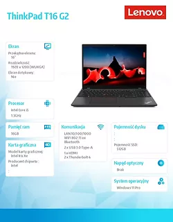 Lenovo Notebook ThinkPad T16 G2 21HH002EPB W11Pro i5-1335U/16GB/512GB/INT/16.0 WUXGA/Thunder Black/3YRS Premier Support + CO2 Offset