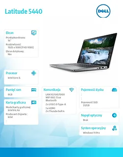 Dell Notebook Latitude 5440 Win11Pro i5-1335U/8GB/512GB SSD/14.0 FHD/Integrated/FgrPr & SmtCd/FHD Cam/Mic/WLAN + BT/Backlit Kb/3 Cell/3YPS