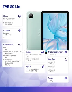 Blackview Tablet TAB 80 LTE 8/128GB 7680 mAh 10,1 cala zielony