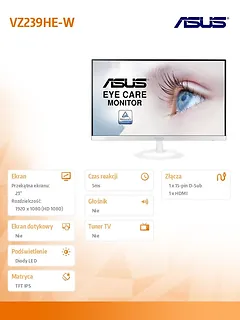Asus Monitor 23 cale VZ239HE-W IPS FHD D-SUB HDMI biały