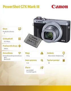 Canon Aparat PowerShot G7X Mark III srebrny + bateria 3638C014