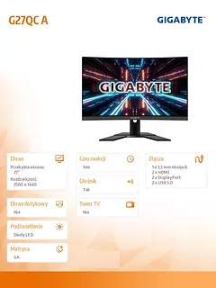 Gigabyte Monitor 27 cali G27QC A 1ms/12MLN:1/FULLHD/HDMI