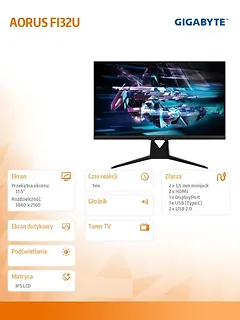 Gigabyte Monitor 32 cale AORUS FI32U 1ms/IPS/HDMI/GAMING/