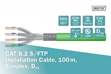 Digitus Kabel teleinformatyczny instalacyjny kat.8.2, S/FTP, Dca, AWG 22/1, LSOH, 100m, Zielony