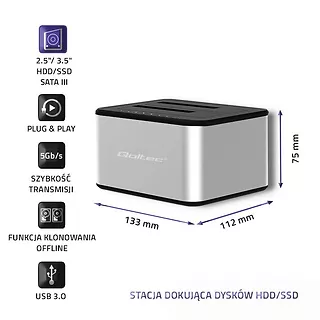 Qoltec Stacja dokująca dysków 2xHDD/SSD | 2.5"/3.5" SATA | USB 3.0 |    Klonowanie