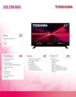 Toshiba Telewizor LED 32 cale 32L2163DG