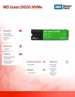 Western Digital Dysk SSD Green  480GB M.2 2280 SN350 NVMe PCIe