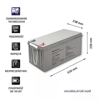Qoltec Akumulator AGM | 12V | 200Ah | max. 3000A