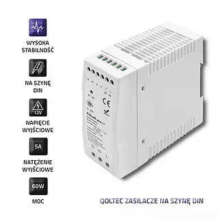 Qoltec Zasilacz na szynę DIN | 60W | 12V | 5A | Biały | Slim