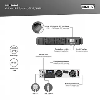 Digitus Zasilacz awaryjny UPS Online Rack 19"/Tower, 6kVA/6kW, 2U, bez baterii (moduł baterii DN-170108)