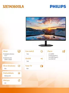 Philips Monitor 31,5 cali 32E1N3600LA VA HDMIx2 DP USB-C Głośniki