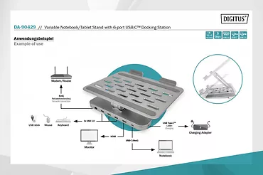 Digitus Regulowana podstawka pod notebooka/tablet ze zintegrowaną stacją dokującą, USB-C, 6 portów