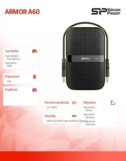 Silicon Power ARMOR A60 1TB USB 3.0 BLACK PANCERNY wstrząso/pyło i wodoodporny