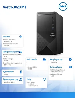 Dell Komputer Vostro 3020 MT Win11Pro i3-13100/8GB/256GB SSD/Intel UHD 730/DVD RW/WLAN + BT/Kb/Mouse/3YPS