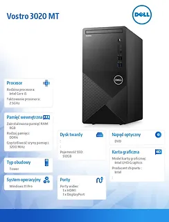 Dell Komputer Vostro 3020 MT Win11Pro i5-13400/8GB/512GB SSD/Intel UHD 730/DVD RW/WLAN + BT/Kb/Mouse/3YPS