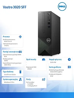 Dell Komputer Vostro 3020 SFF Win11Pro i3-13100/8GB/256GB SSD/Intel UHD 730/DVD RW/WLAN + BT/Kb/Mouse/3YPS