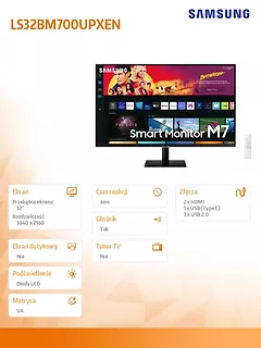 Samsung Monitor 32 cale LS32BM700UPXEN VA 3840x2160 UHD 16:9 2xHDMI 3xUSB 2.0 1xUSB-C (65W) 4 ms (GTG) WiFi/BT głośniki płaski SMART 2 lata d2d