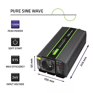 Qoltec Przetwornica napięcia Monolith | 600W | 1200W | 24V na 230V |    Czysty Sinus