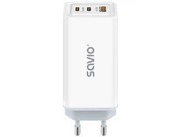 Ładowarka Sieciowa GaN SAVIO LA-07 65W 2x USB Typ-C + USB QC + PD Biała