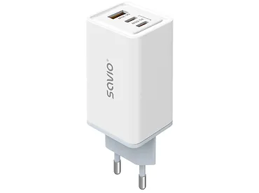 Ładowarka Sieciowa GaN SAVIO LA-07 65W 2x USB Typ-C + USB QC + PD Biała