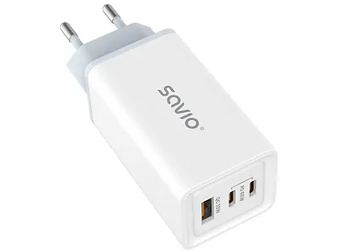 Ładowarka Sieciowa GaN SAVIO LA-07 65W 2x USB Typ-C + USB QC + PD Biała