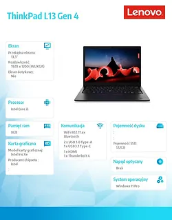 Lenovo Laptop ThinkPad L13 Clam G4 21FG0007PB W11Pro i5-1335U/8GB/512GB/INT/13.3 WUXGA/Thunder Black/1YR Premier Support + 3YRS OS