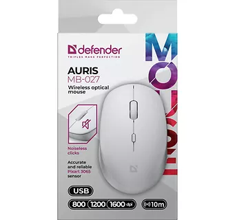 Defender Mysz bezprzewodowa silent click AURIS MB-027 800/1200/1600 DPI biała