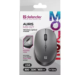 Defender Mysz bezprzewodowa silent click AURIS MB-027 800/1200/1600DPI szara