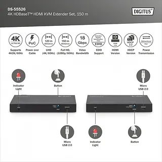 Digitus Przedłużacz/Extender HDMI 4K 60Hz 150m po skrętce Cat.6A/7/8 HDBaseT HDCP2.2 IR EDID PoC, zestaw