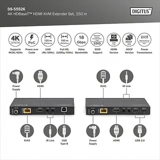Digitus Przedłużacz/Extender HDMI 4K 60Hz 150m po skrętce Cat.6A/7/8 HDBaseT HDCP2.2 IR EDID PoC, zestaw