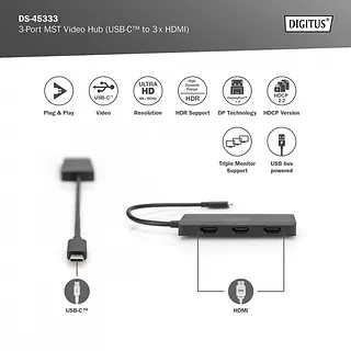 Digitus Hub/Koncentrator 3-portowy USB Typ C/3x HDMI 4K/60Hz HDR HDCP 2.2 MST