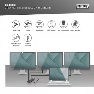 Digitus Hub/Koncentrator 3-portowy USB Typ C/3x HDMI 4K/60Hz HDR HDCP 2.2 MST