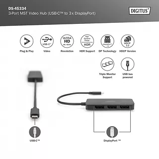 Digitus Hub/Koncentrator 3-portowy USB Typ C/3x DisplayPort 4K/60Hz HDR HDCP 2.2 MST