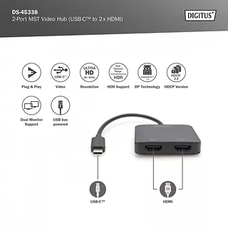 Digitus Hub/Koncentrator 2-portowy USB Typ C/2x HDMI 4K/60Hz HDR HDCP 2.2 MST