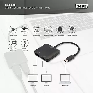 Digitus Hub/Koncentrator 2-portowy USB Typ C/2x HDMI 4K/60Hz HDR HDCP 2.2 MST