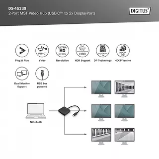 Digitus Hub/Koncentrator wideo 2-portowy USB Typ C/2x DisplayPort 4K/60Hz HDR HDCP 2.2 MST