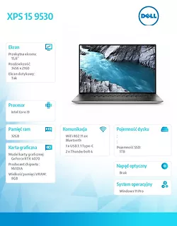 Dell Notebook XPS 15 9530 Win11Pro i9-13900H/SSD 1TB/32GB/RTX4070/15.6 OLED/Backlit /2Y NBD/Silver