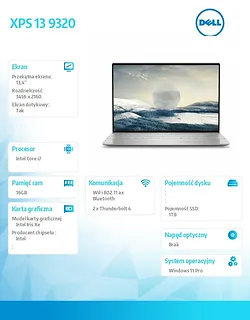 Dell Notebook XPS 13 9320 Win11Pro i7-1360P/SSD 1TB/16GB/Intel Iris Xe/13.4 OLED/Backlit/Platinum/2Y NBD