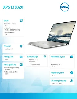 Dell Notebook XPS 13 9320 Win11Pro i7-1360P/SSD 1TB/16GB/Intel Iris Xe/13.4 FHD+/Backlit/Platinum/2Y NBD