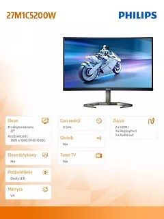 Monitor Philips Evnia 27M1C5200W Curved VA 27 cali 240Hz HDMIx2 DP HAS