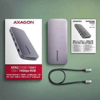 AXAGON HMC-12GM2 hub USB 12 in1 10Gbps, 3x USB-A, USB-C, HDMI, DP,  RJ-45, M.2, SD/mSD, audio, PD