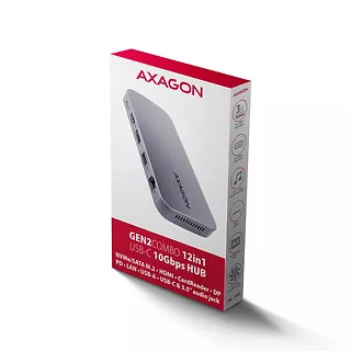 AXAGON HMC-12GM2 hub USB 12 in1 10Gbps, 3x USB-A, USB-C, HDMI, DP,  RJ-45, M.2, SD/mSD, audio, PD