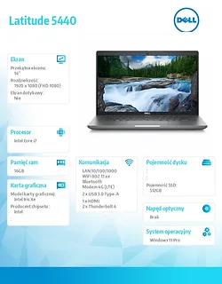 Dell Notebook Latitude 5440 Win11Pro i7-1365U/16GB/512GB SSD/14.0" FHD/Integrated/FgrPr & SmtCd/FHD/IR Cam/Mic/LTE 4G+BT/Backlit Kb/3 Cell/3YPS