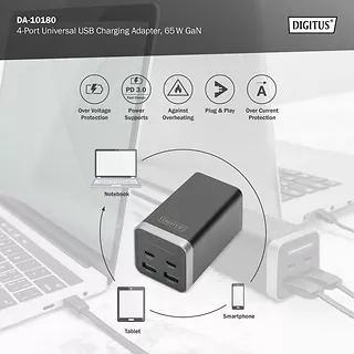 Digitus Ładowarka sieciowa uniwersalna, zasilacz GaN, 4 porty 2x USB-C 2x USB-A PD 3.0 65W Czarna