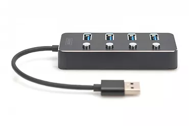 Digitus Hub USB 3.0/Koncentrator 4-portowy USB A + adapter USB-C 5Gbps z wyłącznikami, aluminiowy, pasywny