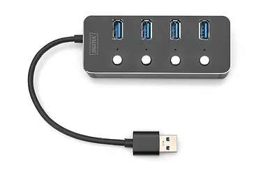 Digitus Hub USB 3.0/Koncentrator 4-portowy USB A + adapter USB-C 5Gbps z wyłącznikami, aluminiowy, pasywny