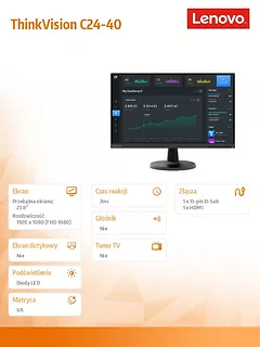 Lenovo Monitor 23.8 cala ThinkVision C24-40 WLED 63DCKAT6EU