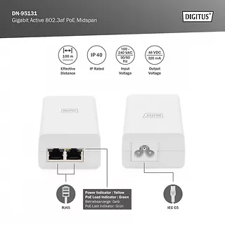 Digitus Zasilacz/Adapter PoE 802.3af, max. 48V 15.4W Gigabit 10/100/1000 Mbps, aktywny, Biały