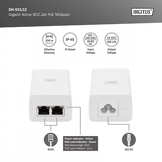 Digitus Zasilacz/Adapter PoE+ 802.3at, max. 52V 30W Gigabit 10/100/1000 Mbps, aktywny, Biały
